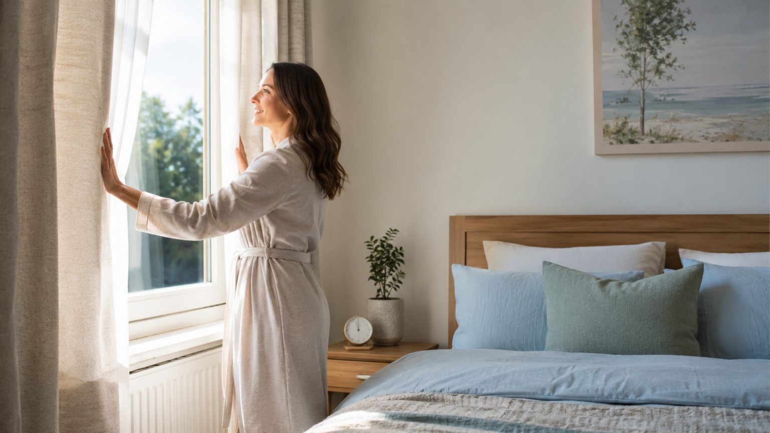 Woman opening bedroom curtains in the morning while resetting her sleep schedule