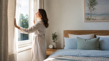 Woman opening bedroom curtains in the morning while resetting her sleep schedule