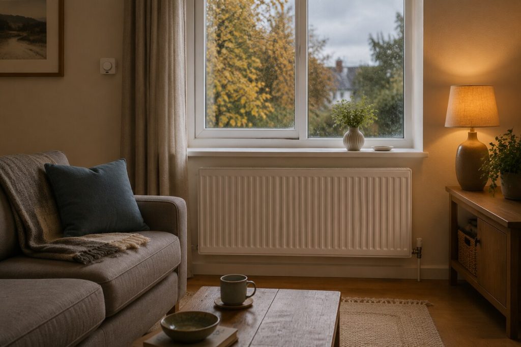 Cosy UK living room with radiator on a cold autumn evening