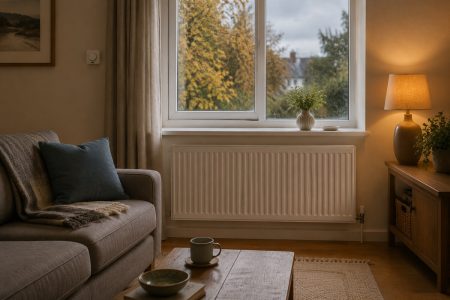 Cosy UK living room with radiator on a cold autumn evening