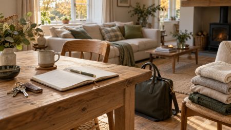 Sunday reset routine with a planner, keys, work bag and folded clothes in a tidy home