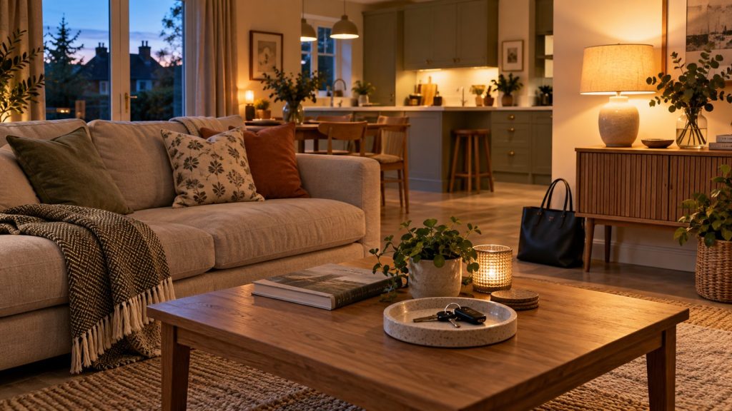 Evening reset routine with a tidy living room and organised everyday essentials